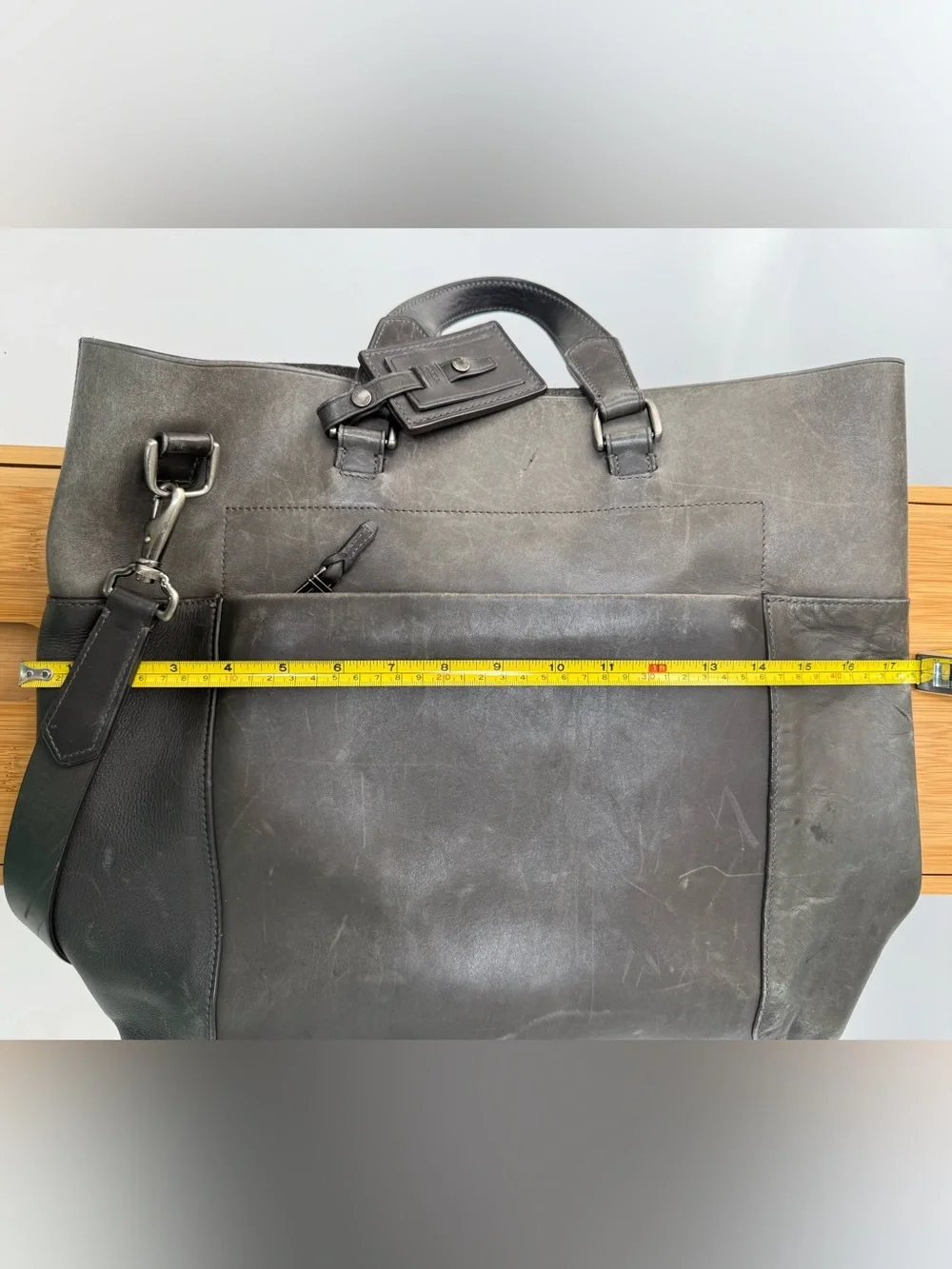 Huge Tumi Gray Leather Cross-body Tote Bag with Adjustable Strap